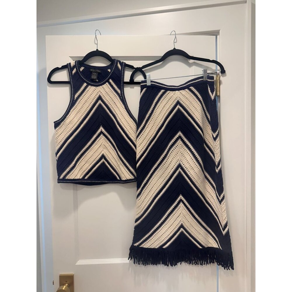 Design365 Navy & Cream Chevron Knit Tank Top & Skirt Set 100% Cotton Fringe Hem